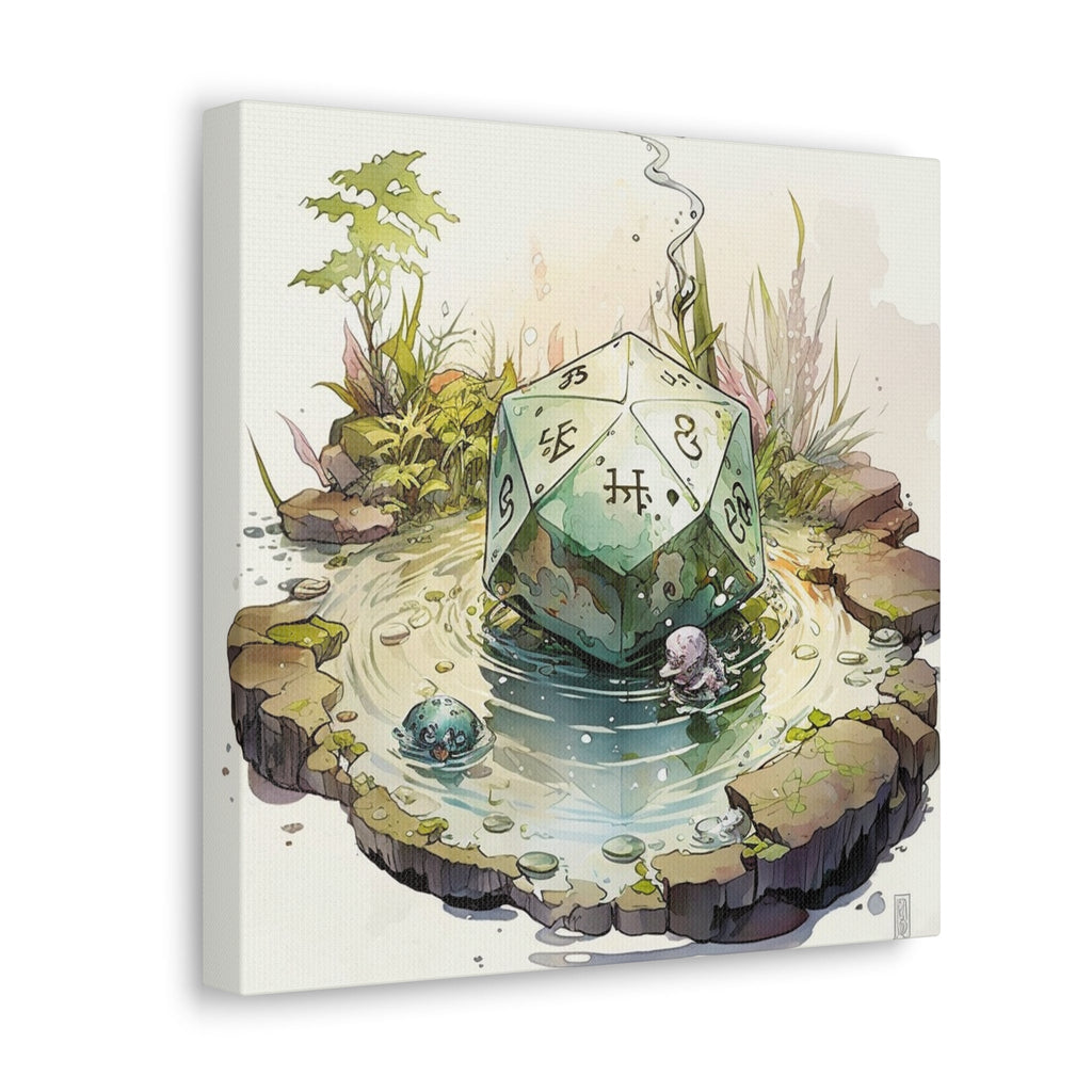Feywild D20 Pond Canvas | Ghibli - Inspired Watercolor Art | Soft Blue, Green & Brown | Tabletop Gaming Decor | Multiple Sizes - Tokyo Creative Collection