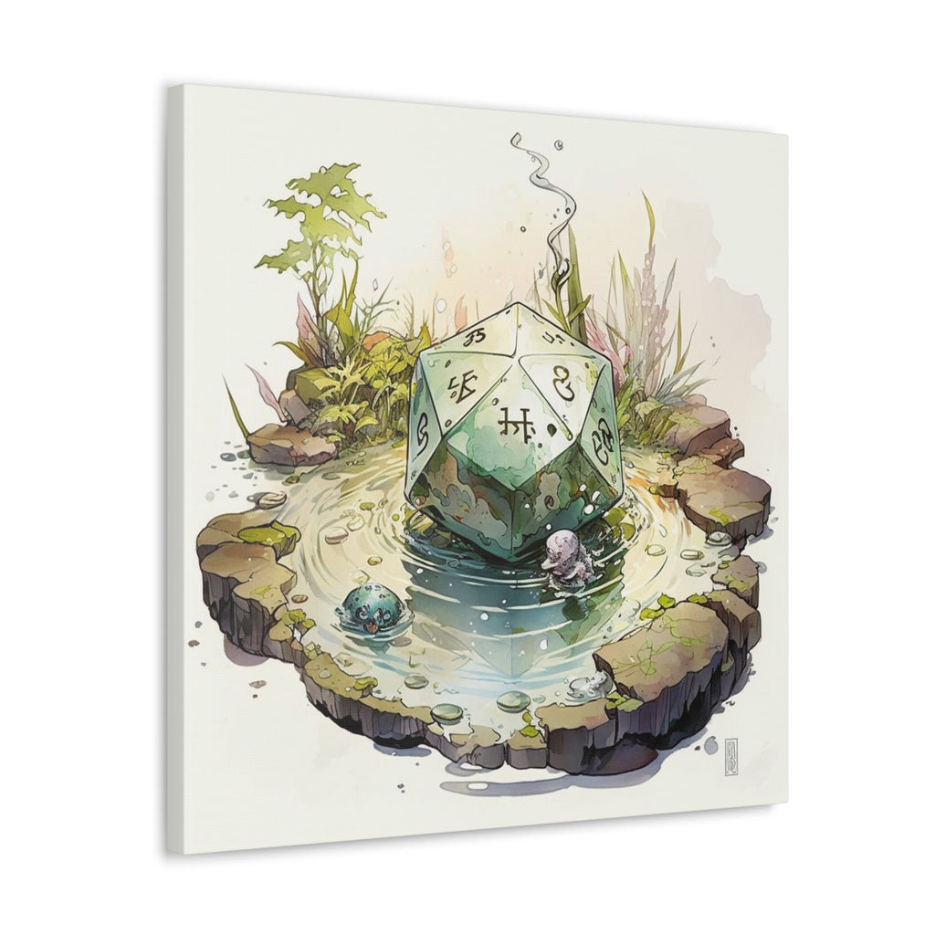 Feywild D20 Pond Canvas | Ghibli - Inspired Watercolor Art | Soft Blue, Green & Brown | Tabletop Gaming Decor | Multiple Sizes - Tokyo Creative Collection