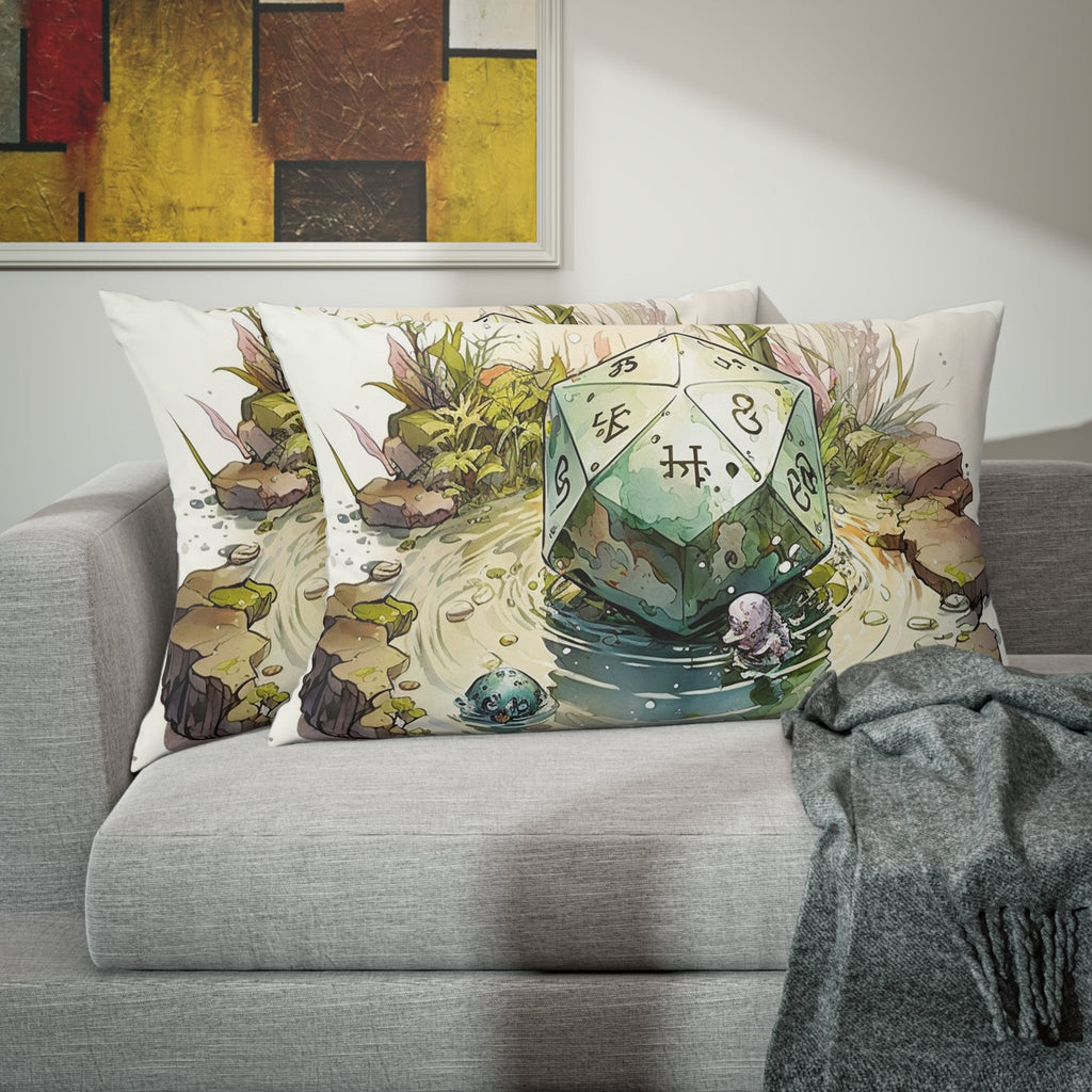 Feywild D20 Pond Pillow Sham | Ghibli - Inspired Watercolor Design | Soft Blue, Green & Brown | Tabletop Gaming Decor | 2 Sizes - Tokyo Creative Collection