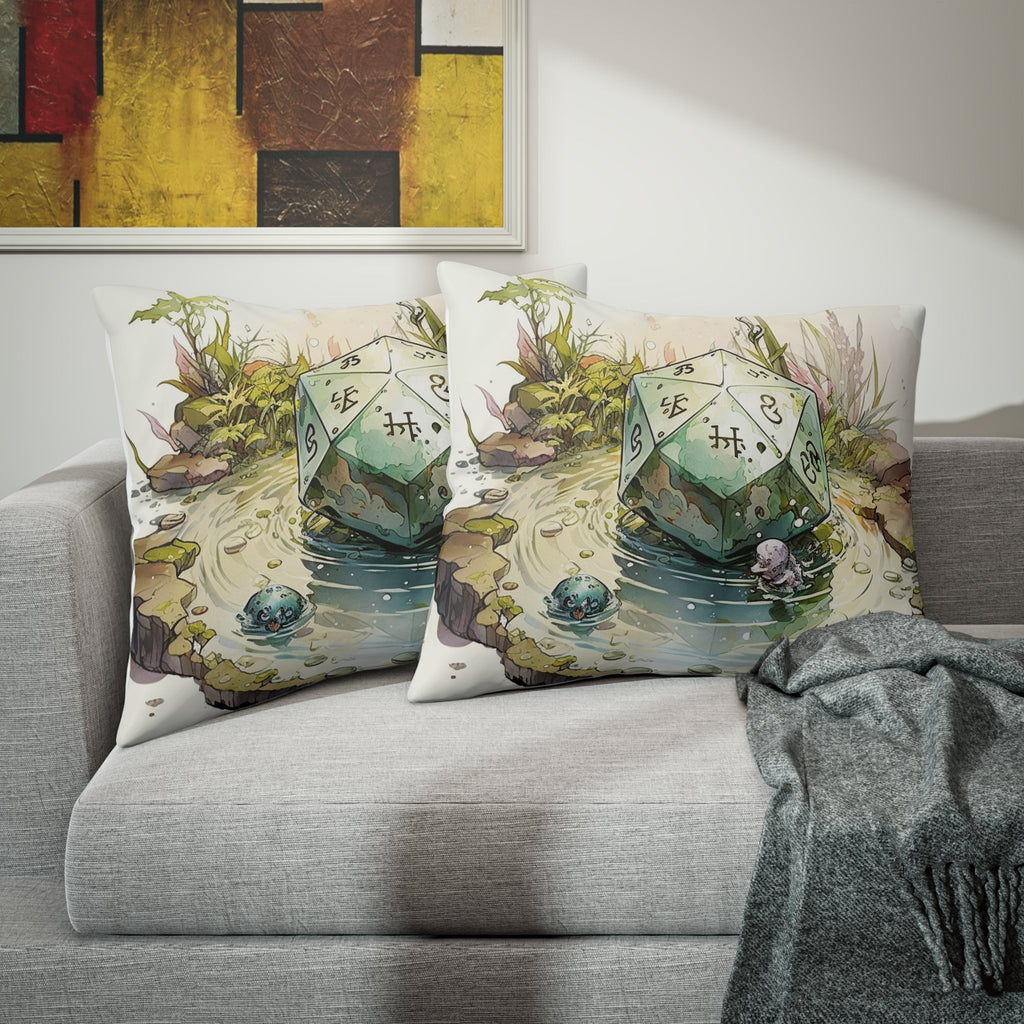 Feywild D20 Pond Pillow Sham | Ghibli - Inspired Watercolor Design | Soft Blue, Green & Brown | Tabletop Gaming Decor | 2 Sizes - Tokyo Creative Collection